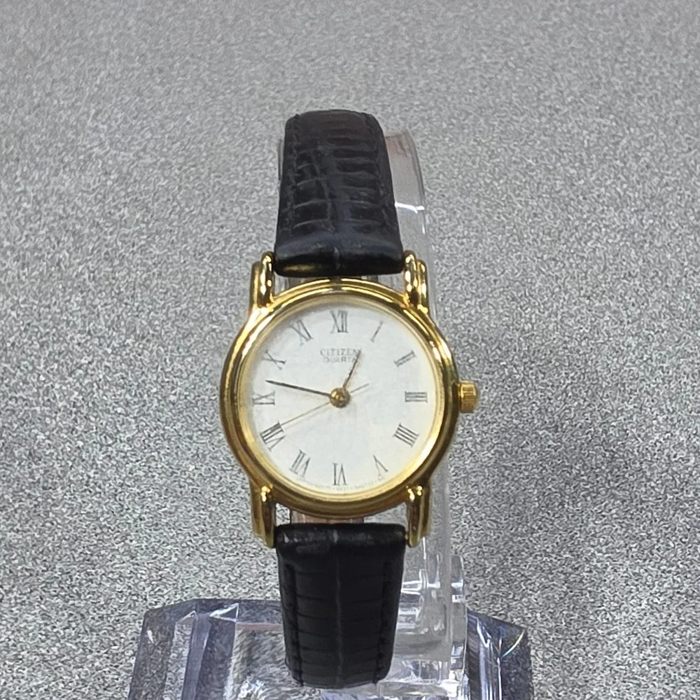 Citizen Quartz Watch Womens OS Gold White Roman Numeral Good Leather Band 6031